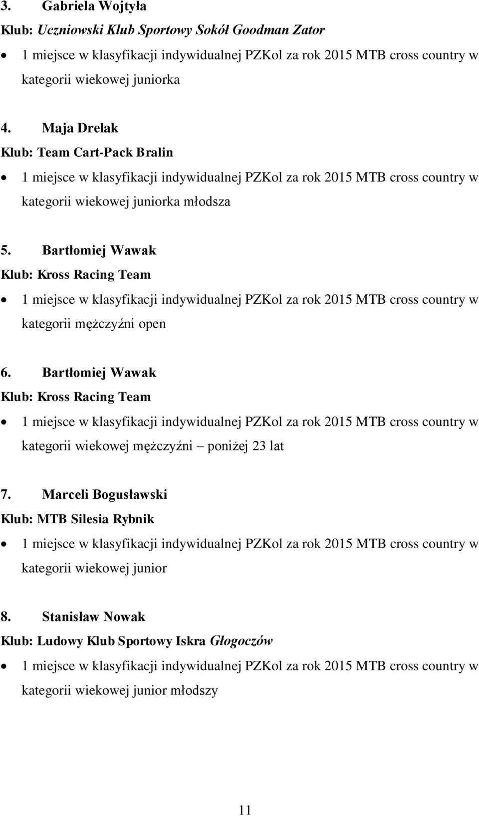 Bartłomiej Wawak Klub: Kross Racing Team 1 miejsce w klasyfikacji indywidualnej PZKol za rok 2015 MTB cross country w kategorii mężczyźni open 6.