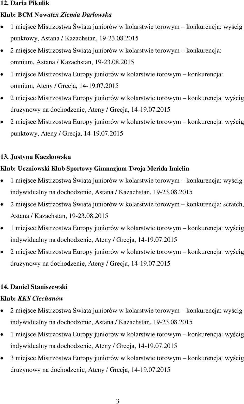 2015 1 miejsce Mistrzostwa Europy juniorów w kolarstwie torowym konkurencja: omnium, Ateny / Grecja, 14-19.07.