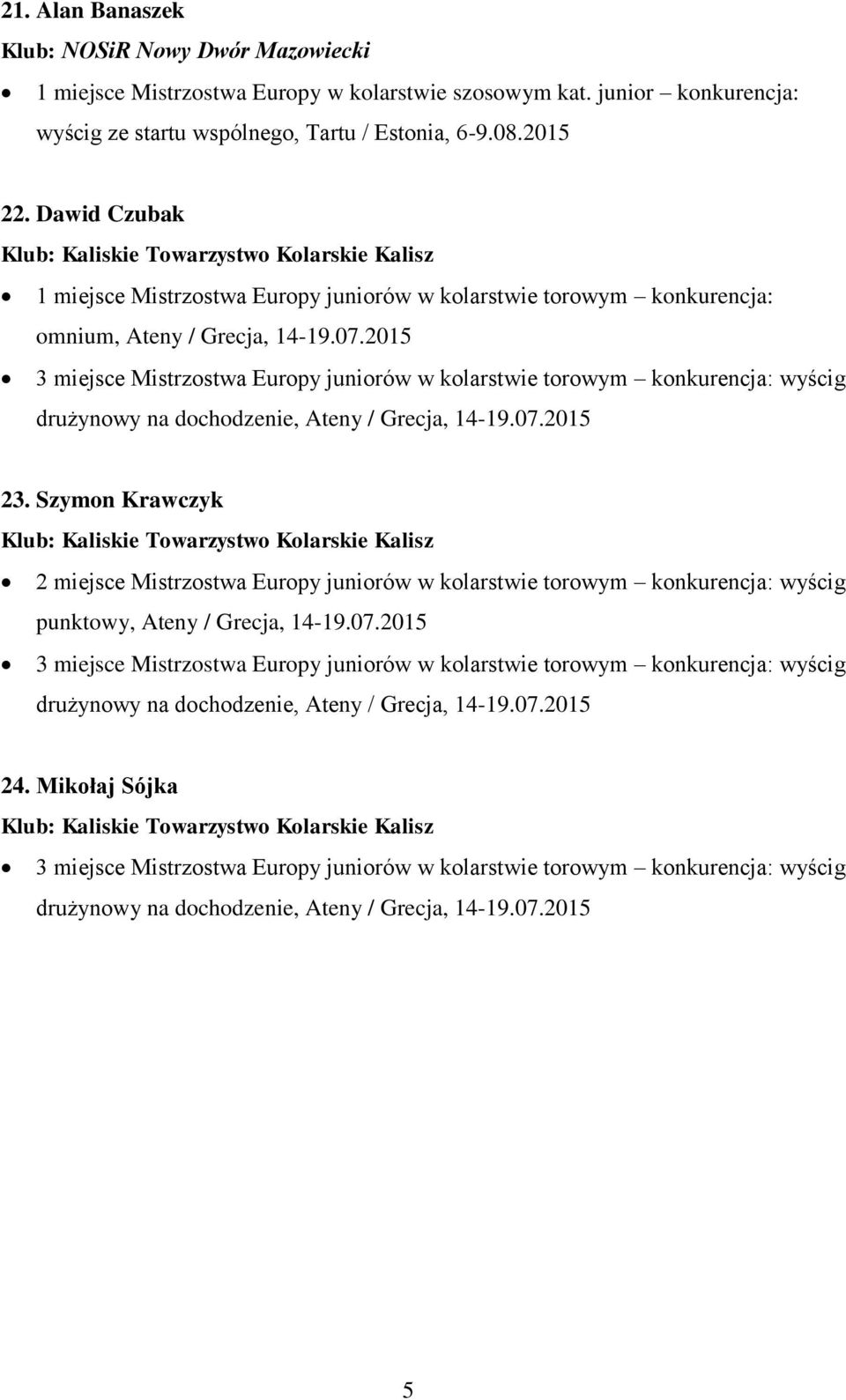 2015 3 miejsce Mistrzostwa Europy juniorów w kolarstwie torowym konkurencja: wyścig drużynowy na dochodzenie, Ateny / Grecja, 14-19.07.2015 23.