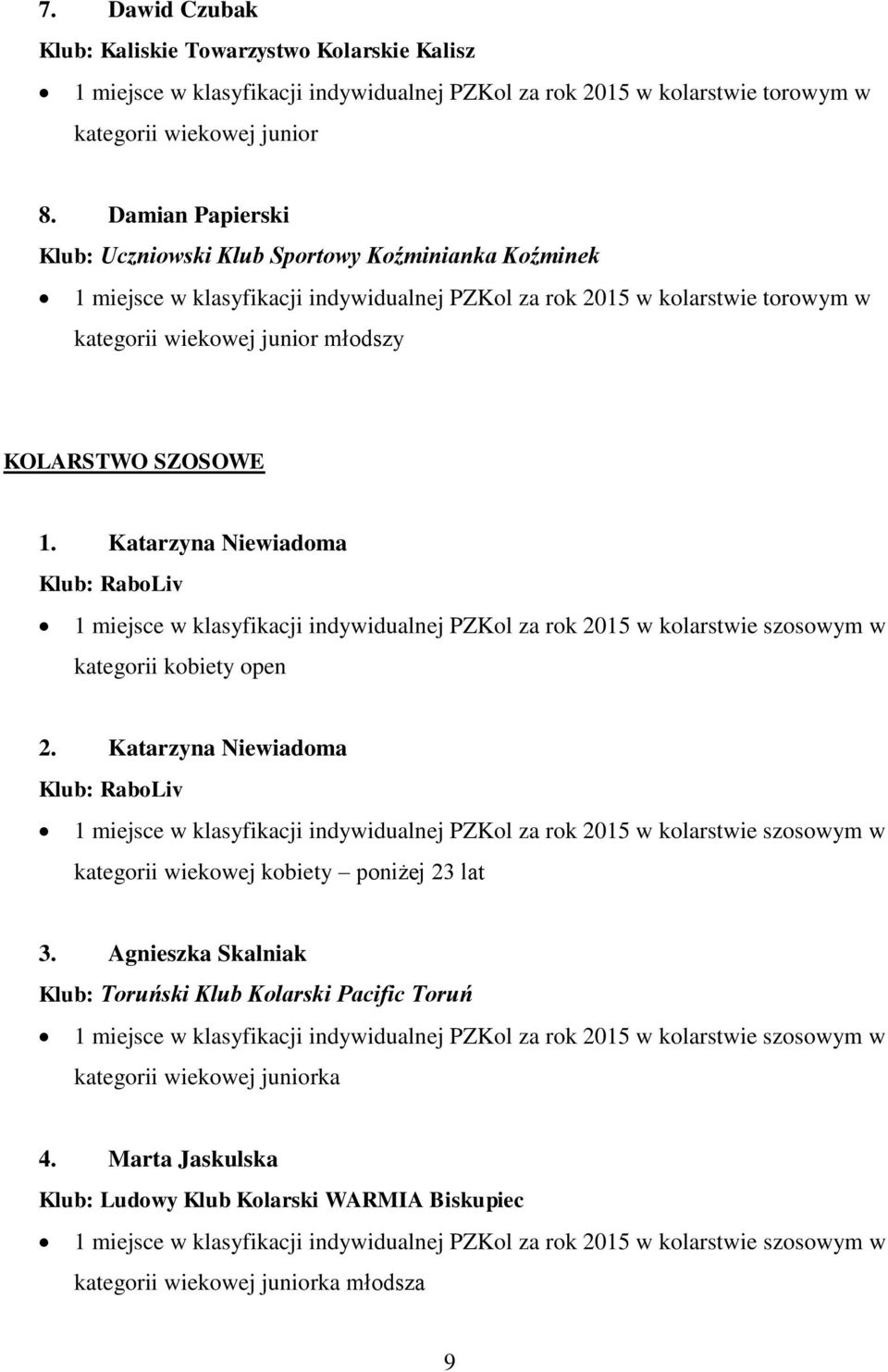 SZOSOWE 1. Katarzyna Niewiadoma Klub: RaboLiv 1 miejsce w klasyfikacji indywidualnej PZKol za rok 2015 w kolarstwie szosowym w kategorii kobiety open 2.