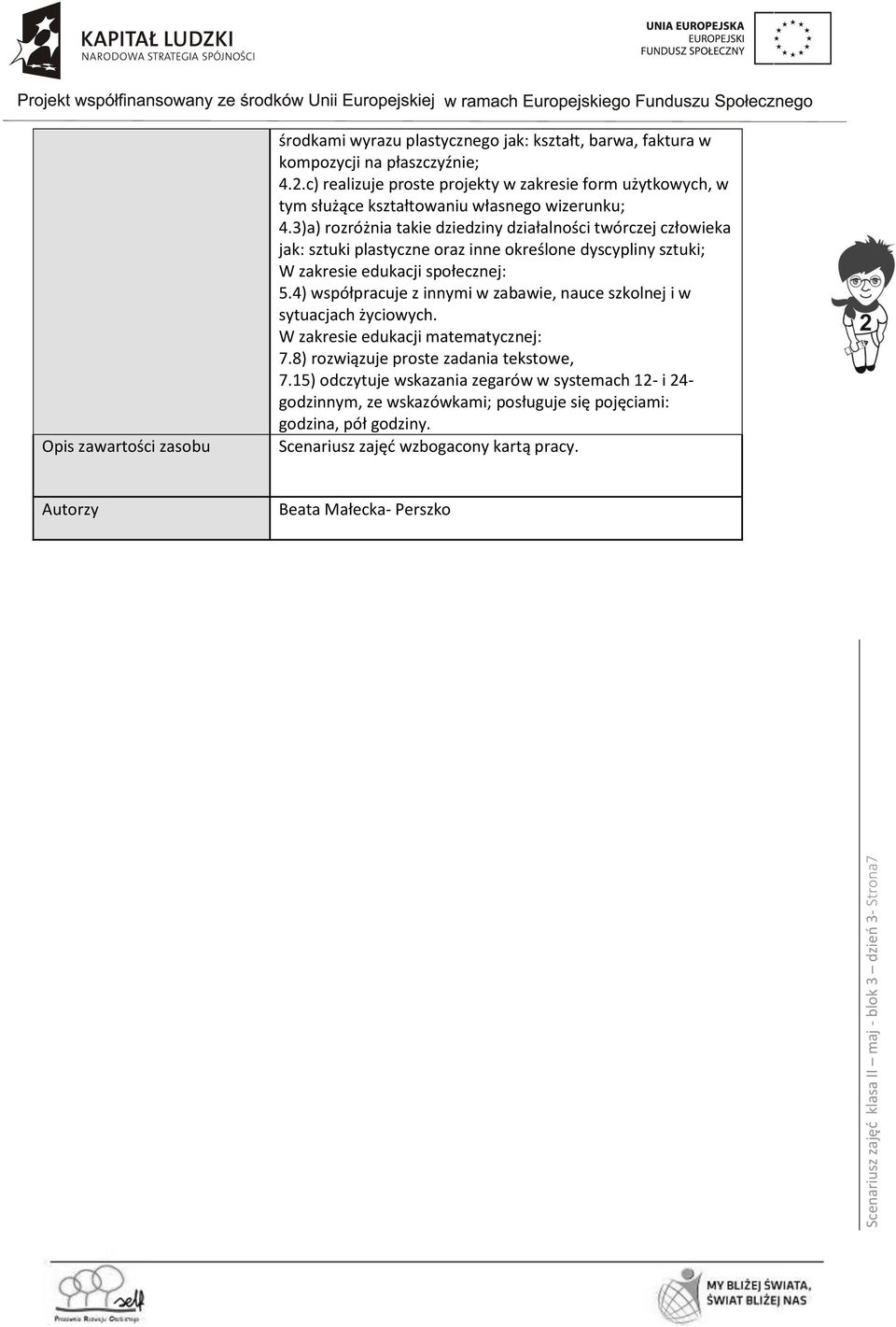 3)a) rozróżnia takie dziedziny działalności twórczej człowieka jak: sztuki plastyczne oraz inne określone dyscypliny sztuki; W zakresie edukacji społecznej: 5.