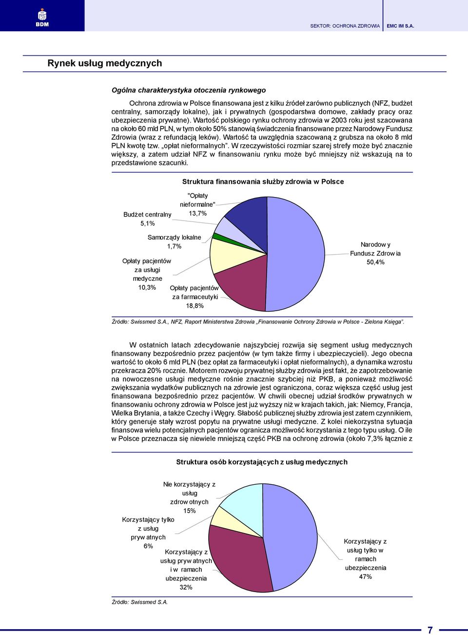 Wartoœæ polskiego rynku ochrony zdrowia w 2003 roku jest szacowana na oko³o 60 mld PLN, w tym oko³o 50% stanowi¹ œwiadczenia finansowane przez Narodowy Fundusz Zdrowia (wraz z refundacj¹ leków).