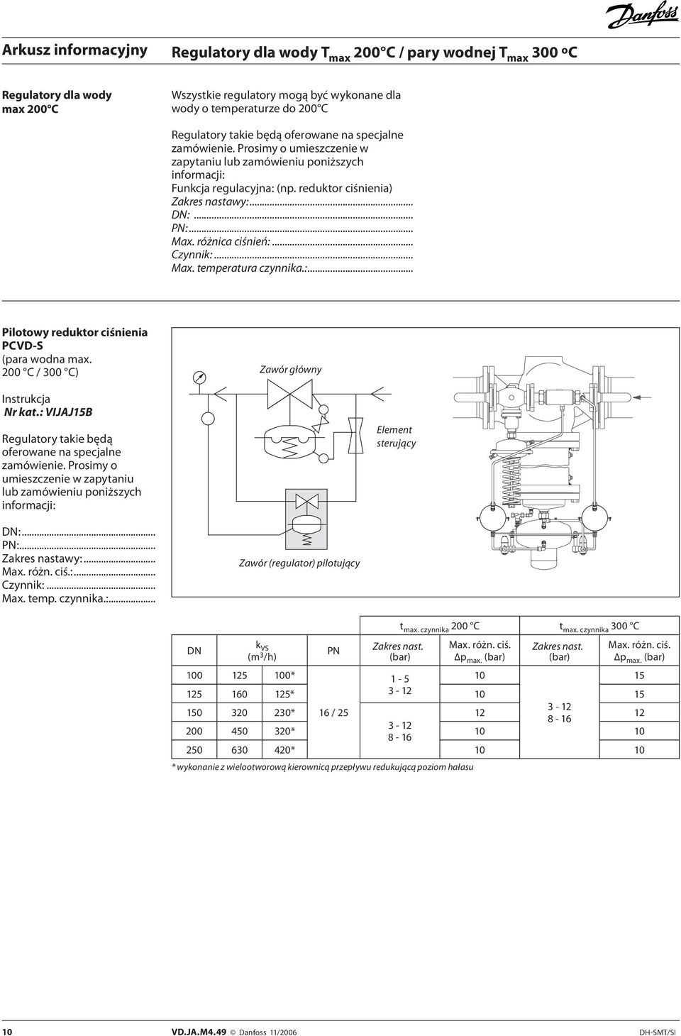 :... Pilotowy reduktor ciśnienia PCVD-S (para wodna max. 200 C / 300 C) Instrukcja : VIJAJ15B Regulatory takie będą oferowane na specjalne zamówienie.