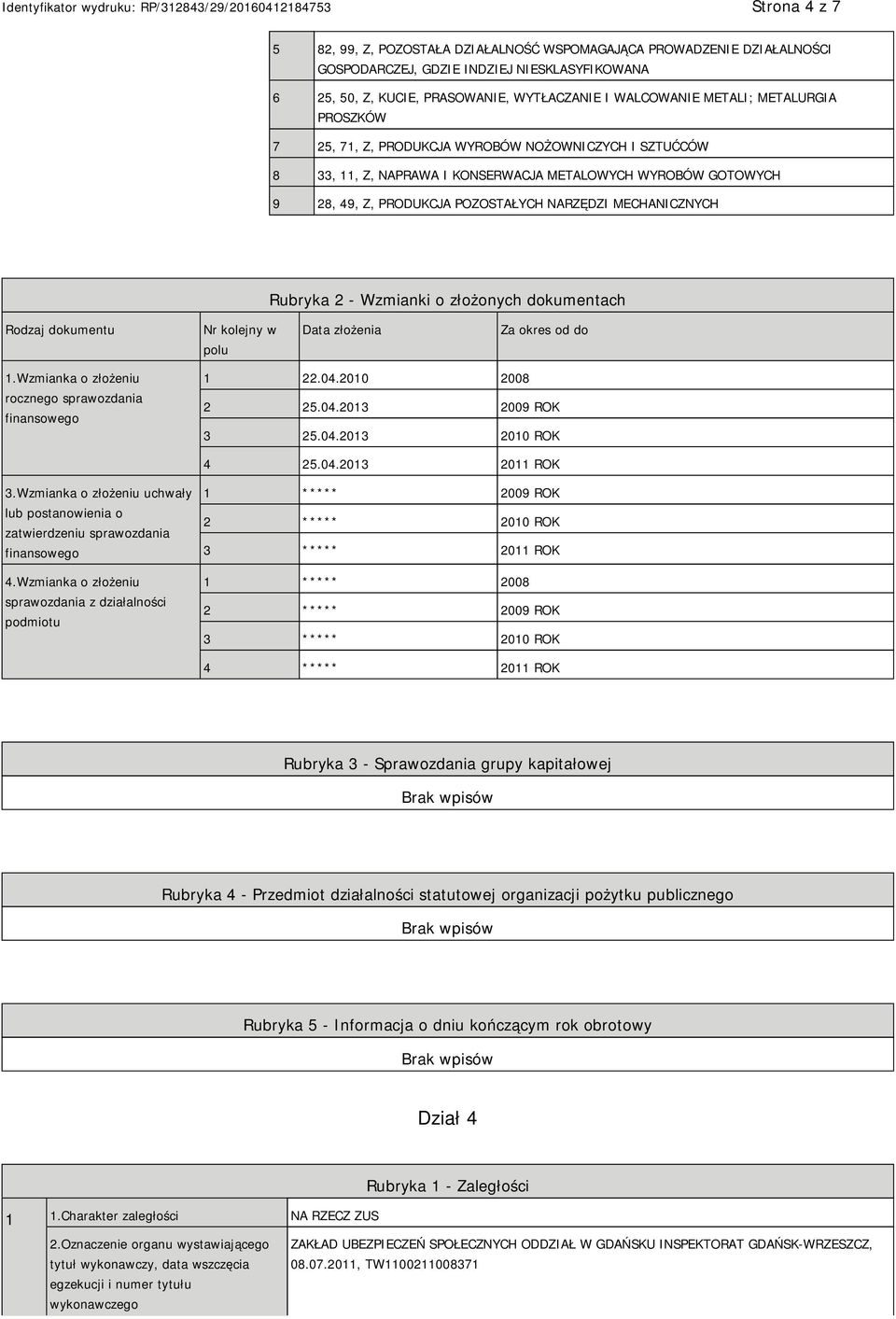 Rubryka 2 - Wzmianki o złożonych dokumentach Rodzaj dokumentu Nr kolejny w polu Data złożenia Za okres od do 1.Wzmianka o złożeniu rocznego sprawozdania finansowego 1 22.04.2010 2008 2 25.04.2013 2009 ROK 3 25.