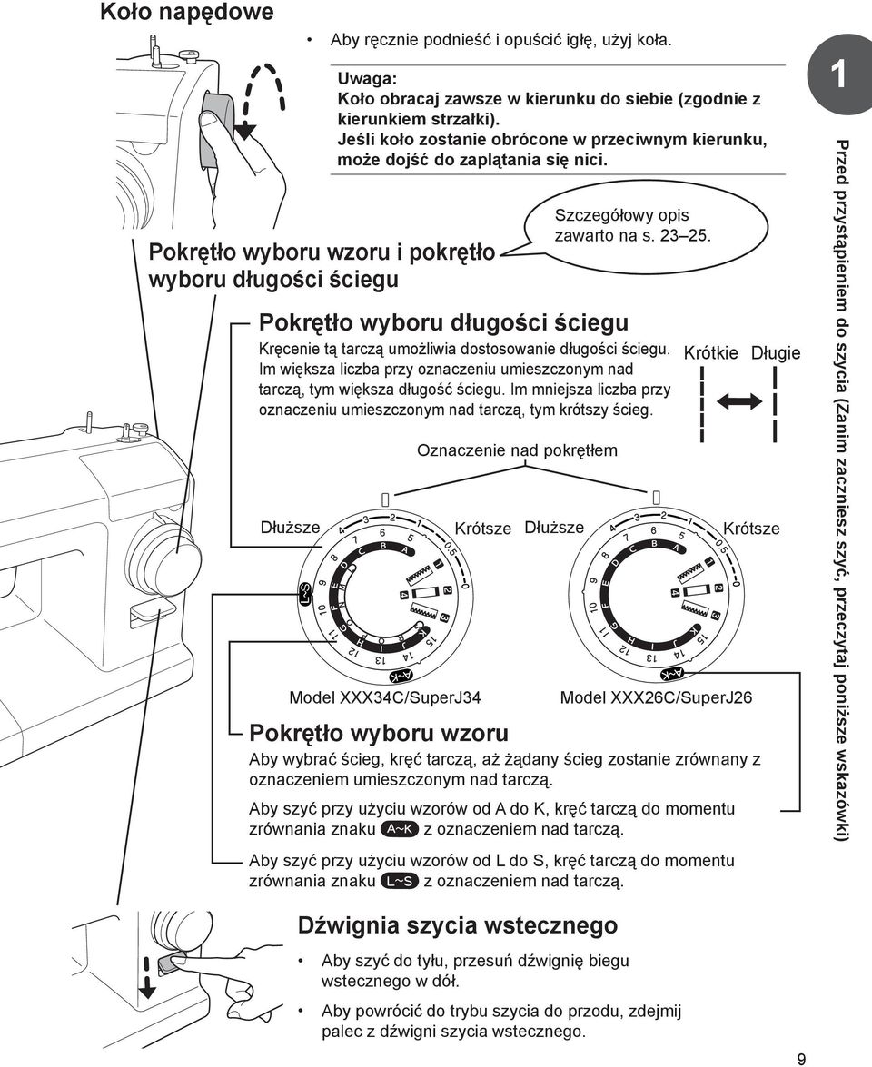 Kręcenie tą tarczą umożliwia dostosowanie długości ściegu. Im większa liczba przy oznaczeniu umieszczonym nad tarczą, tym większa długość ściegu.