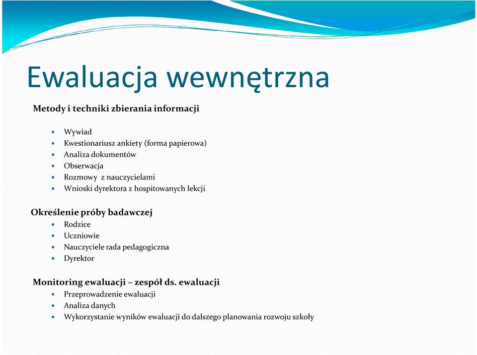 badawczej Rodzice Uczniowie Nauczyciele rada pedagogiczna Dyrektor Monitoring ewaluacji zespół ds.