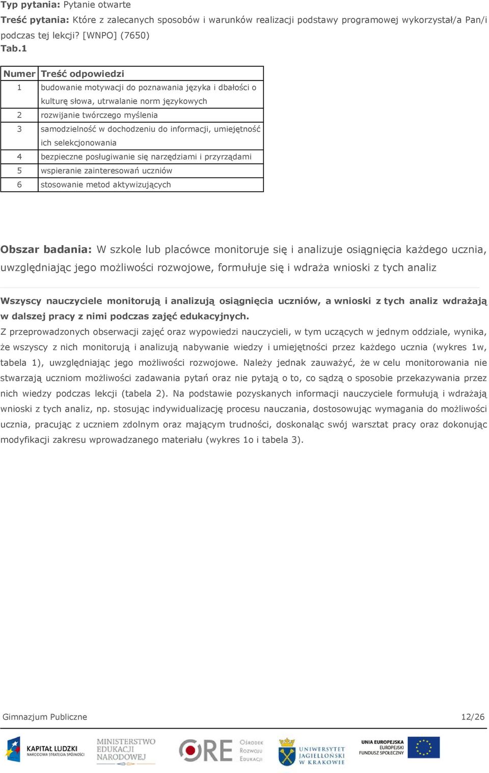 umiejętność ich selekcjonowania 4 bezpieczne posługiwanie się narzędziami i przyrządami 5 wspieranie zainteresowań uczniów 6 stosowanie metod aktywizujących Obszar badania: W szkole lub placówce