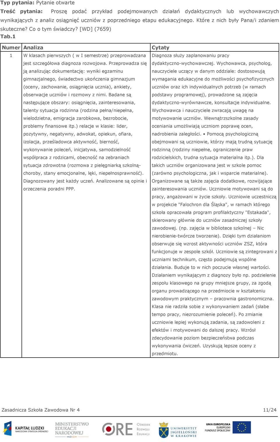 Przeprowadza się ją analizując dokumentację: wyniki egzaminu gimnazjalnego, świadectwo ukończenia gimnazjum (oceny, zachowanie, osiągnięcia ucznia), ankiety, obserwacje uczniów i rozmowy z nimi.