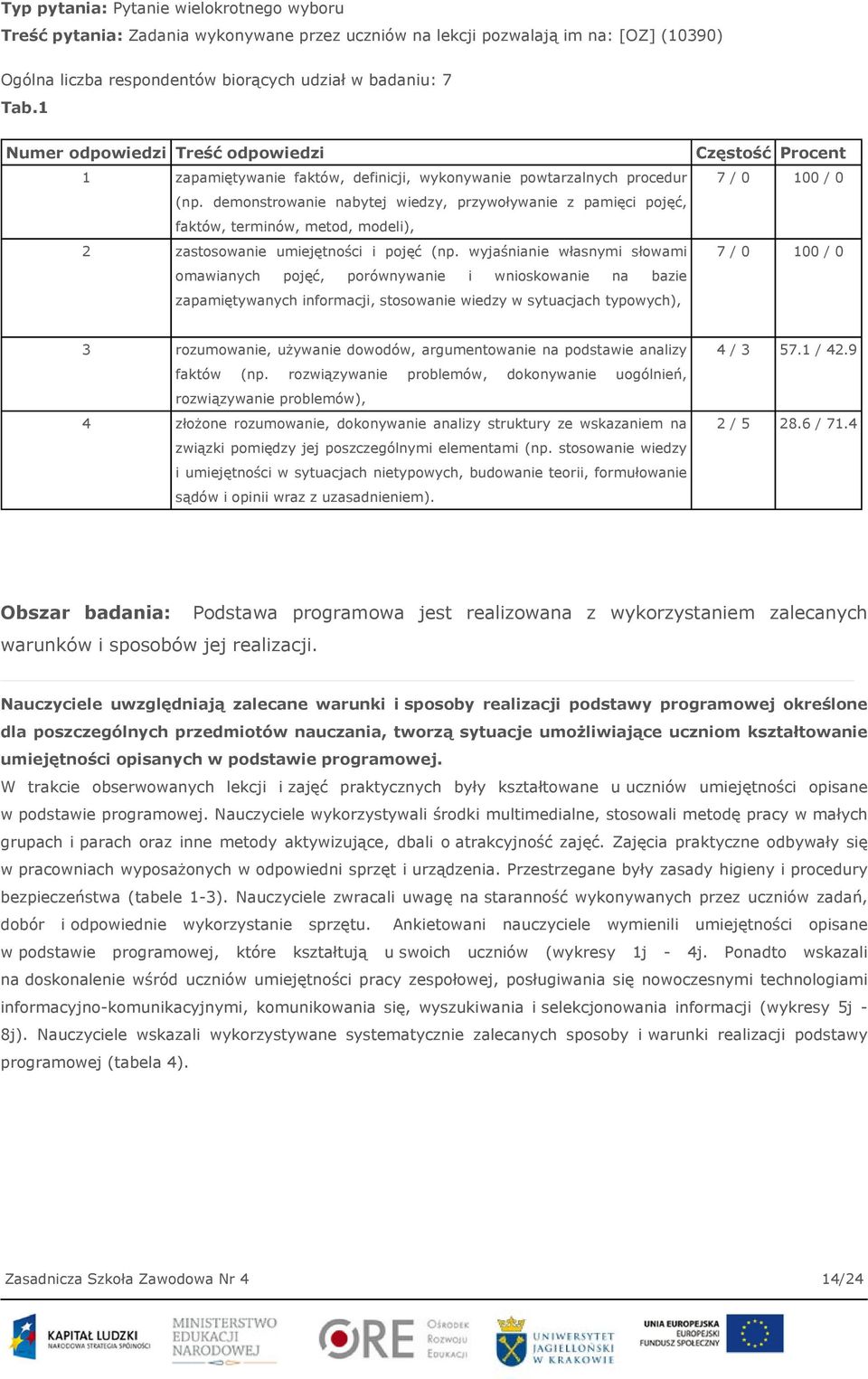 demonstrowanie nabytej wiedzy, przywoływanie z pamięci pojęć, faktów, terminów, metod, modeli), 2 zastosowanie umiejętności i pojęć (np.