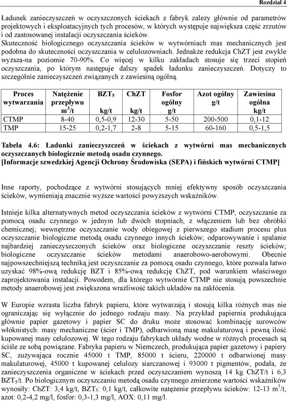 Jednakże redukcja ChZT jest zwykle wyższa-na poziomie 70-90%. Co więcej w kilku zakładach stosuje się trzeci stopień oczyszczania, po którym następuje dalszy spadek ładunku zanieczyszczeń.