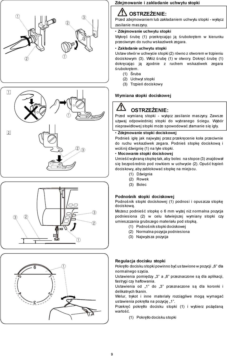 Zakładanie uchwytu stopki Ustaw otwór w uchwycie stopki (2) równo z otworem w trzpieniu dociskowym (3). Włóż śrubę (1) w otwory.