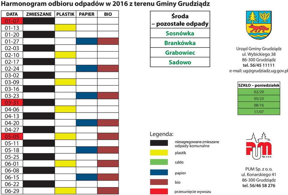 Sosnówka Legenda: niesegregowane zmieszane odpady komunalne plastik szkło papier bio przesunięcie wywozu Urząd Gminy Grudziądz ul.