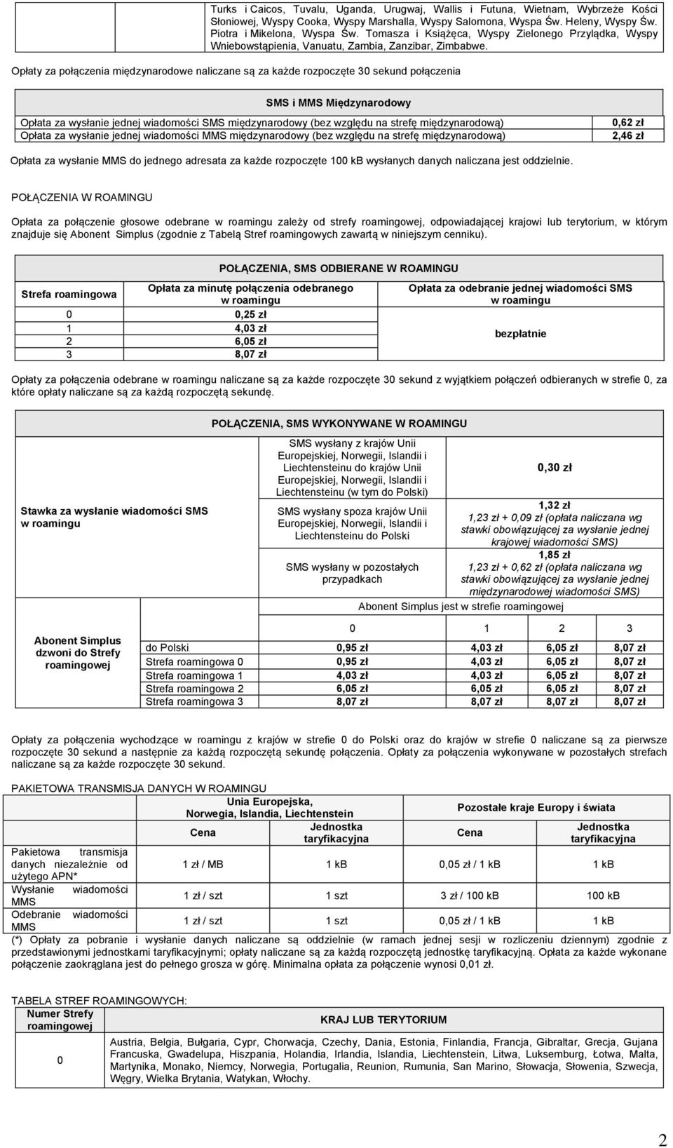 Opłaty za połączenia międzynarodowe naliczane są za każde rozpoczęte 30 sekund połączenia SMS i MMS Międzynarodowy za wysłanie jednej wiadomości SMS międzynarodowy (bez względu na strefę