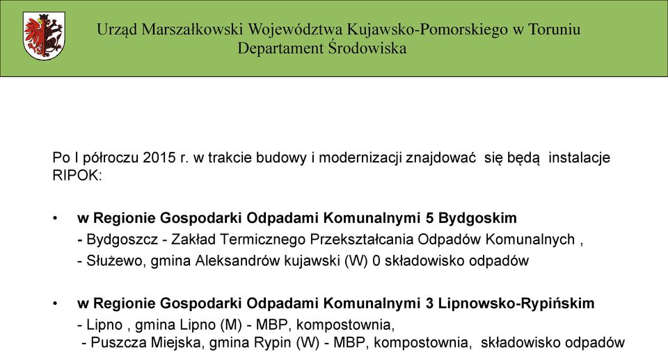 Zakład Termicznego Przekształcania Odpadów Komunalnych, - Służewo, gmina Aleksandrów kujawski (W) 0 składowisko odpadów w Regionie