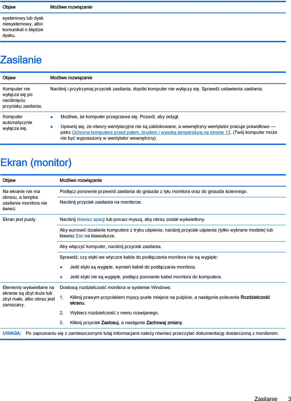 Upewnij się, że otwory wentylacyjne nie są zablokowane, a wewnętrzny wentylator pracuje prawidłowo patrz Ochrona komputera przed pyłem, brudem i wysoką temperaturą na stronie 13.