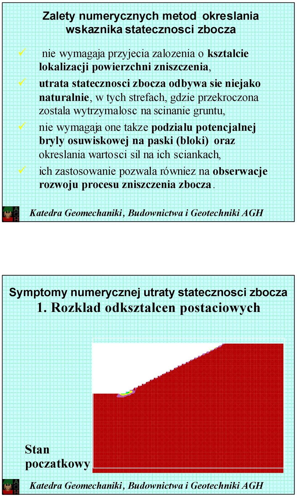 scinanie gruntu, nie wymagaja one takze podzialu potencjalnej bryly osuwiskowej na paski (bloki) oraz okreslania wartosci sil na ich