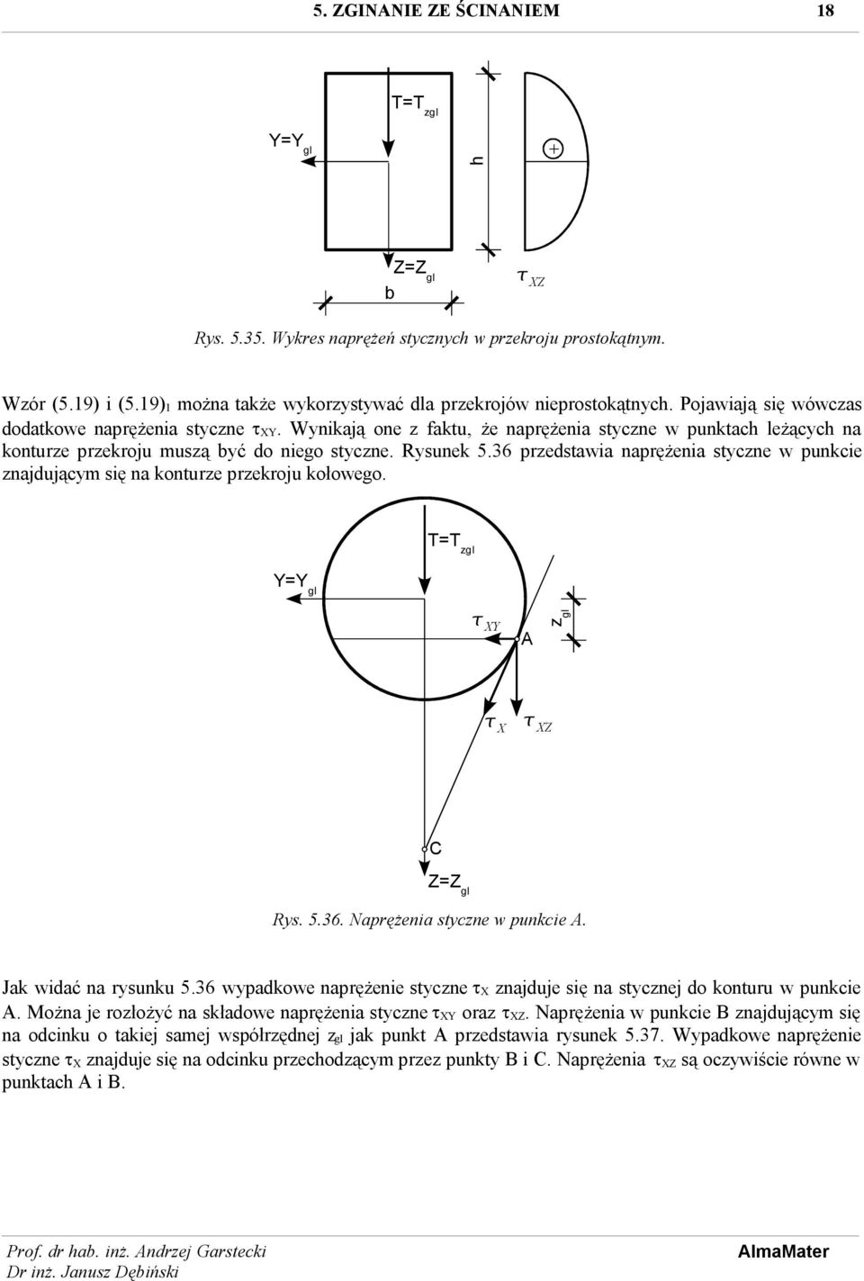 36 przedstawia naprężenia styczne w punkcie znajdującym się na konturze przekroju kołowego. T=Tzgl XY zgl Y=Ygl A X XZ C Z=Zgl Rys. 5.36. Naprężenia styczne w punkcie A. Jak widać na rysunku 5.