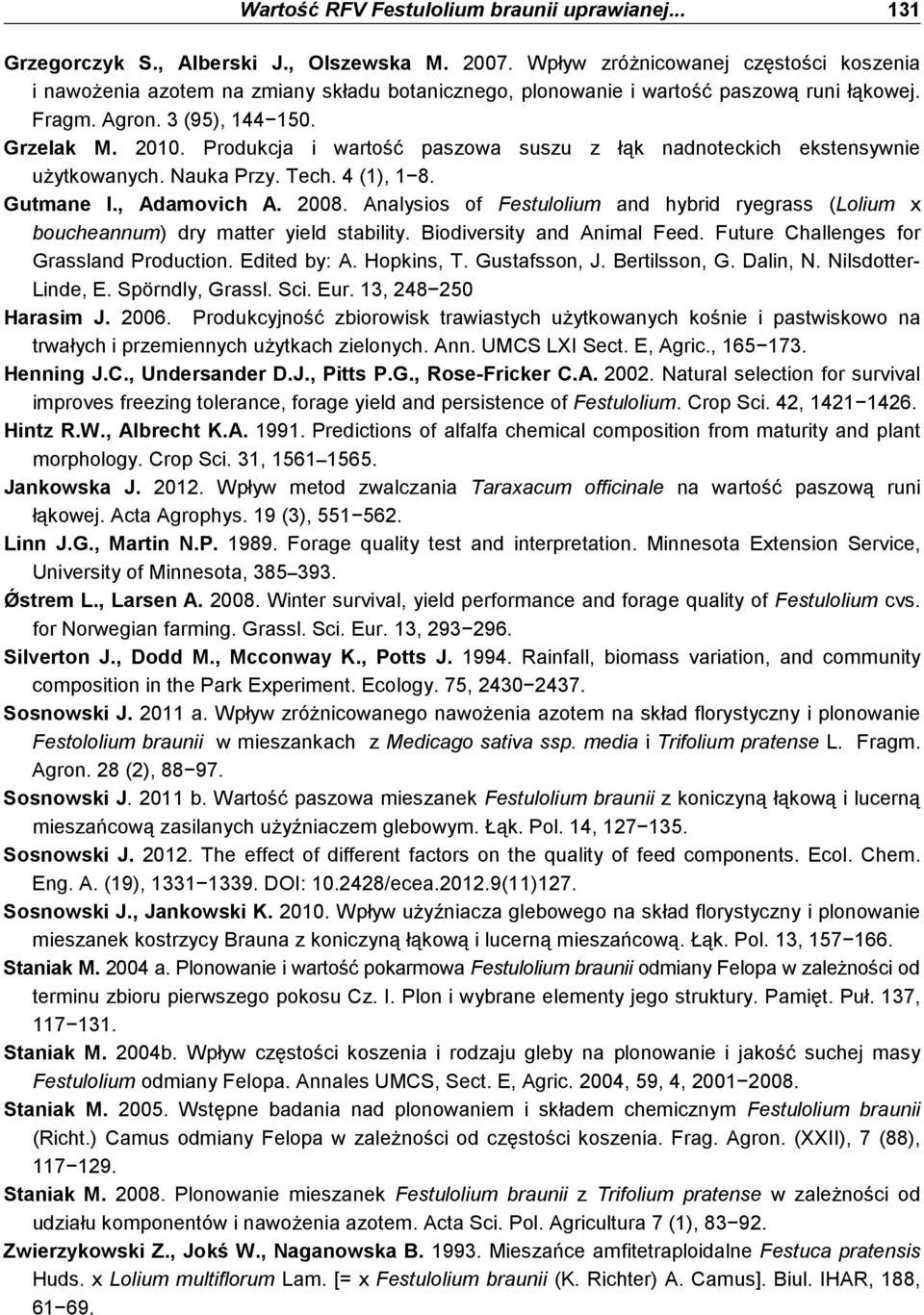 Produkcja i wartość paszowa suszu z łąk nadnoteckich ekstensywnie uŝytkowanych. Nauka Przy. Tech. 4 (1), 1 8. Gutmane I., Adamovich A. 2008.