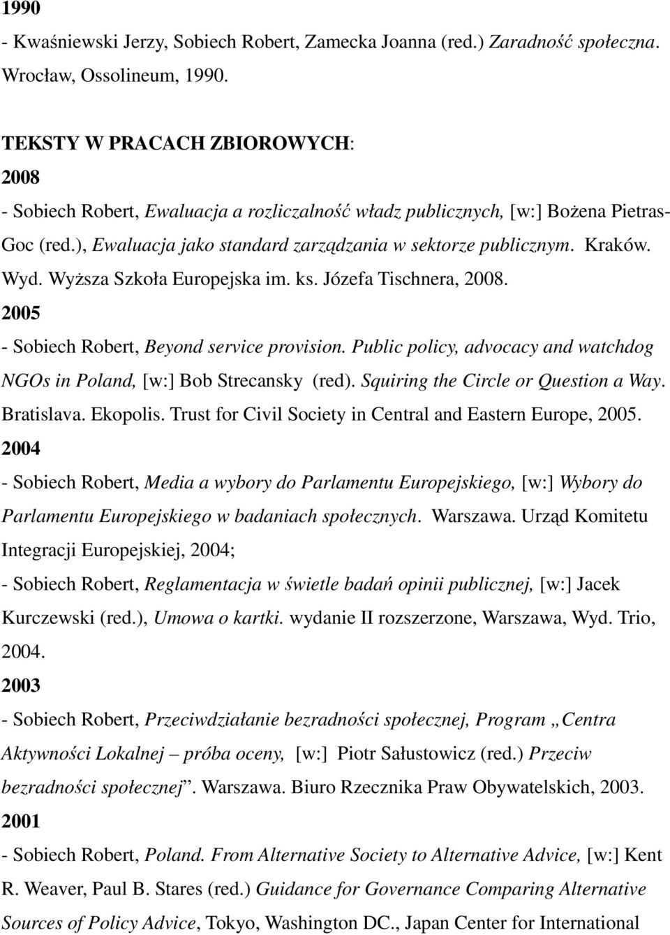 Wyd. Wyższa Szkoła Europejska im. ks. Józefa Tischnera, 2008. 2005 - Sobiech Robert, Beyond service provision. Public policy, advocacy and watchdog NGOs in Poland, [w:] Bob Strecansky (red).