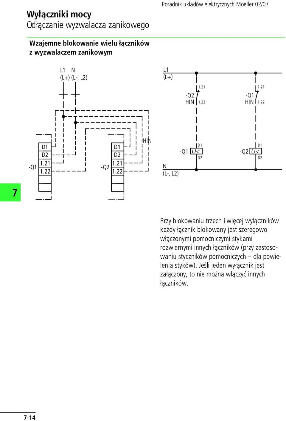 22 H U< -Q2 U< Przy blokowaniu trzech i więcej wyłączników każdy łącznik blokowany jest szeregowo włączonymi pomocniczymi