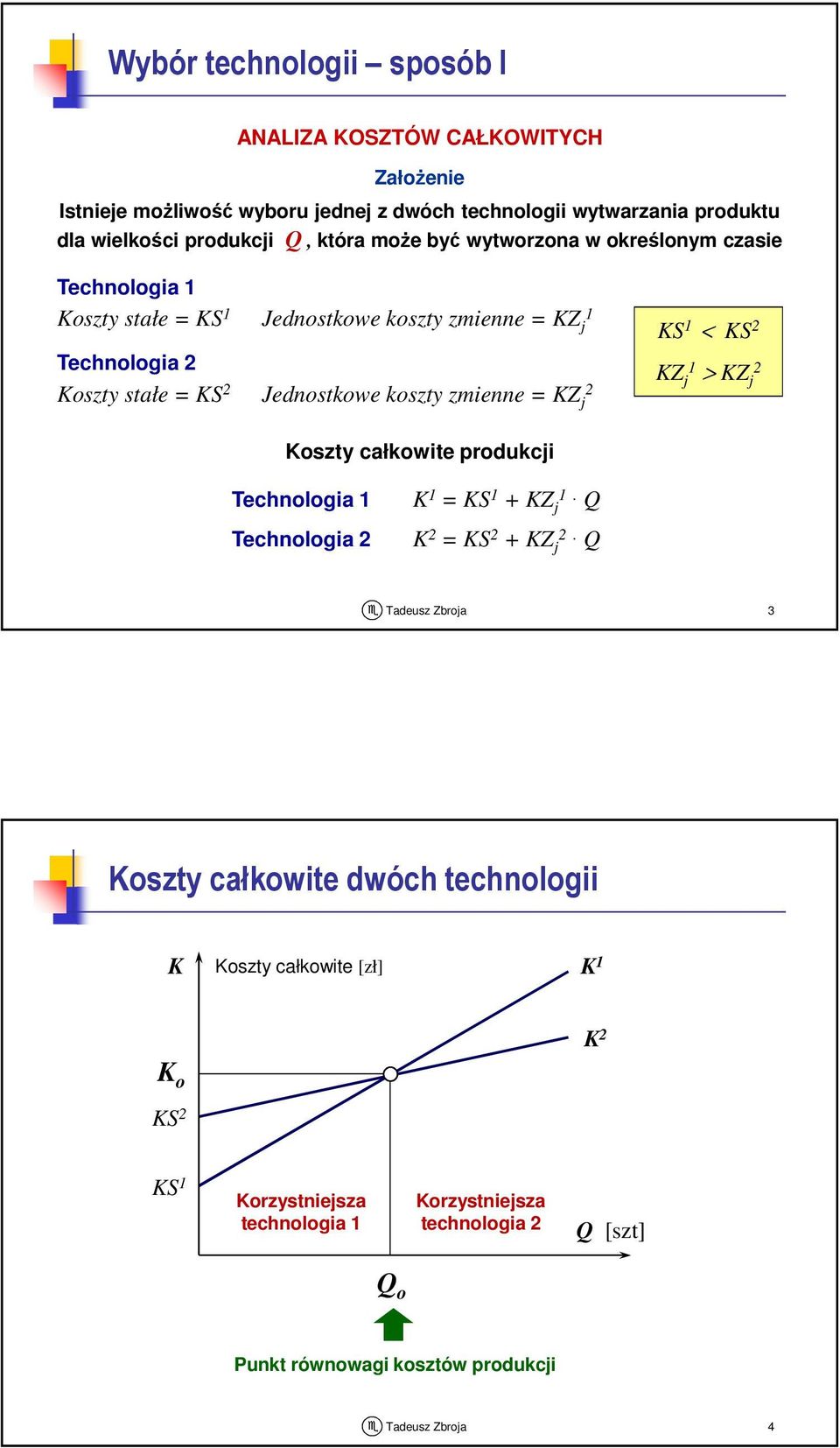 zmienne Technologia oszty stałe Jednostkowe koszty zmienne < > oszty całkowite produkci Technologia Technologia + + 3 oszty