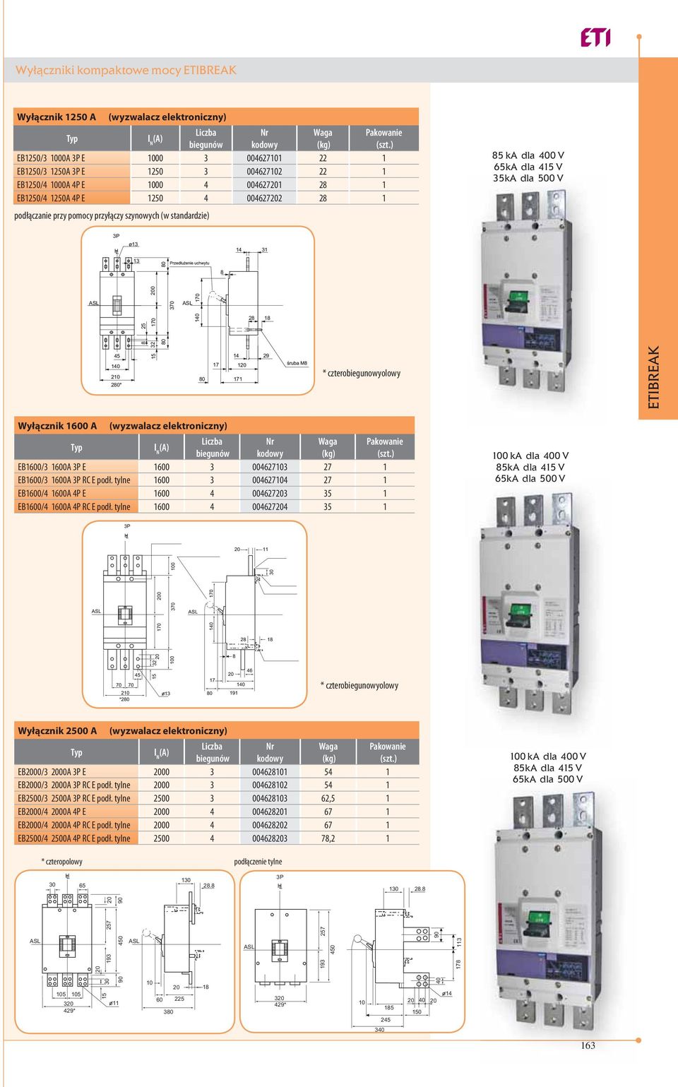 29 17 1 0 171 100 ka dla 400 V 5kA dla 415 V 65kA dla 500 V Wyłącznik 2500 A (wyzwalacz elektroniczny) biegunów EB00/3 00A 3P E 00 3 00462101 54 1 EB00/3 00A 3P RC E podł.