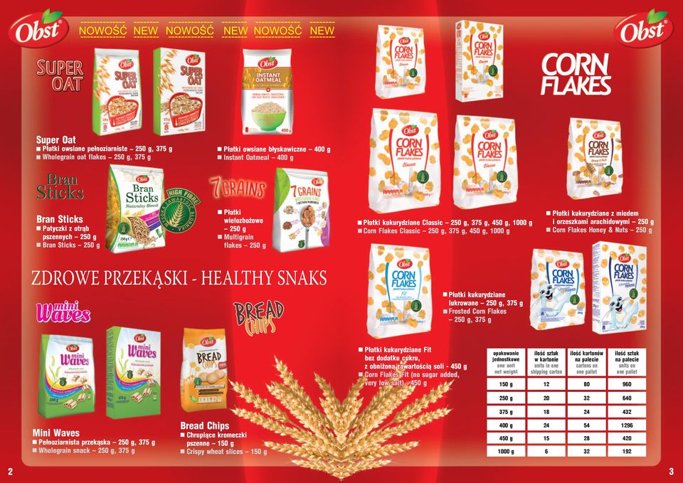 kukurydziane Fit bez dodatku cukru, z obniżoną zawartością soli - 450 g Corn Flakes Fit (no sugar added, very low salt) - 450 g Mini Waves Pełnoziarnista przekąska Wholegrain snack 2 Bread