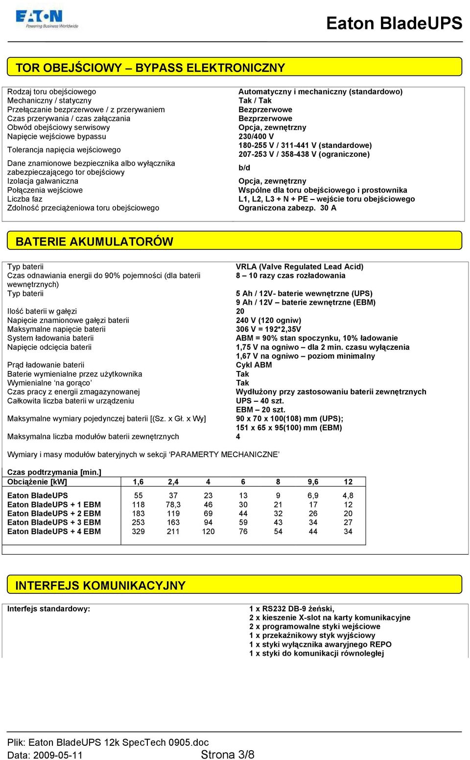 przeciążeniowa toru obejściowego Automatyczny i mechaniczny (standardowo) Tak / Tak Bezprzerwowe Bezprzerwowe Opcja, zewnętrzny 230/400 V 180-255 V / 311-441 V (standardowe) 207-253 V / 358-438 V