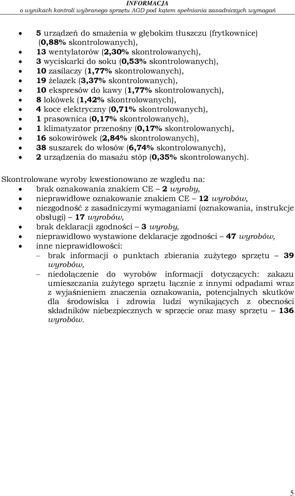 skontrolowanych), 1 klimatyzator przenośny (0,17% skontrolowanych), 16 sokowirówek (2,84% skontrolowanych), 38 suszarek do włosów (6,74% skontrolowanych), 2 urządzenia do masażu stóp (0,35%
