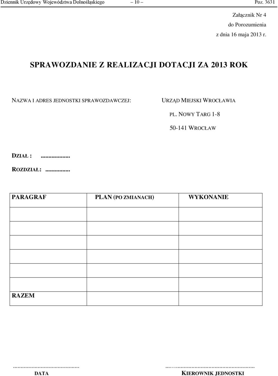SPRAWOZDANIE Z REALIZACJI DOTACJI ZA 2013 ROK NAZWA I ADRES JEDNOSTKI SPRAWOZDAWCZEJ: