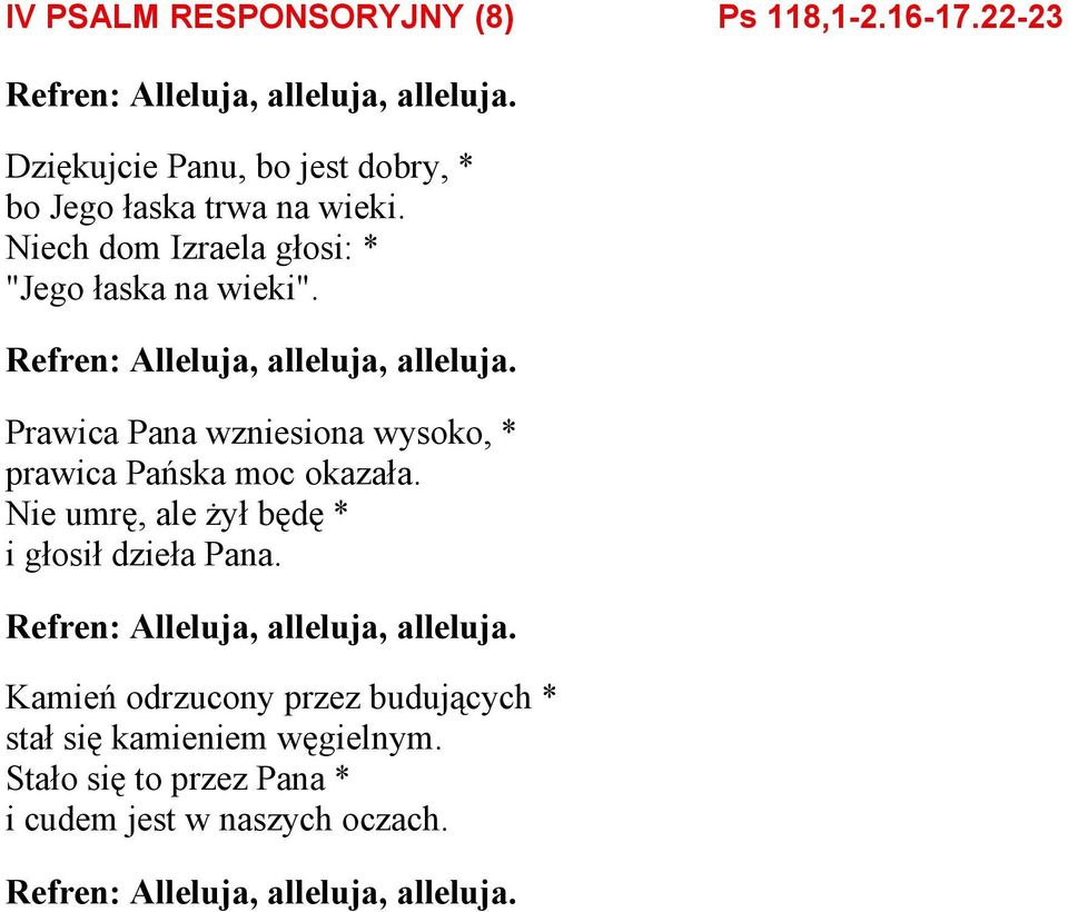 Refren: Alleluja, alleluja, alleluja. Prawica Pana wzniesiona wysoko, * prawica Pańska moc okazała.