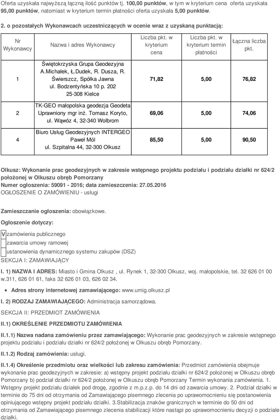 w kryterium termin płatności Łączna liczba pkt. 1 2 4 Świętokrzyska Grupa Geodezyjna A.Michałek, Ł.Dudek, R. Dusza, R. Świerszcz, Spółka Jawna ul. Bodzentyńska 10 p.