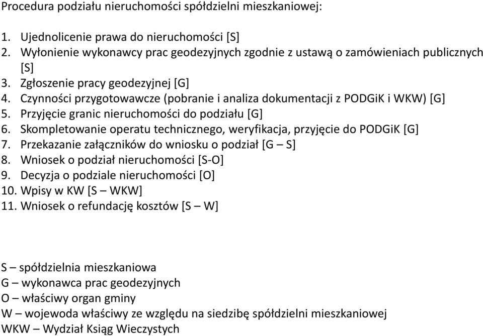 Skompletowanie operatu technicznego, weryfikacja, przyjęcie do PODGiK [G] 7. Przekazanie załączników do wniosku o podział [G S] 8. Wniosek o podział nieruchomości [S-O] 9.