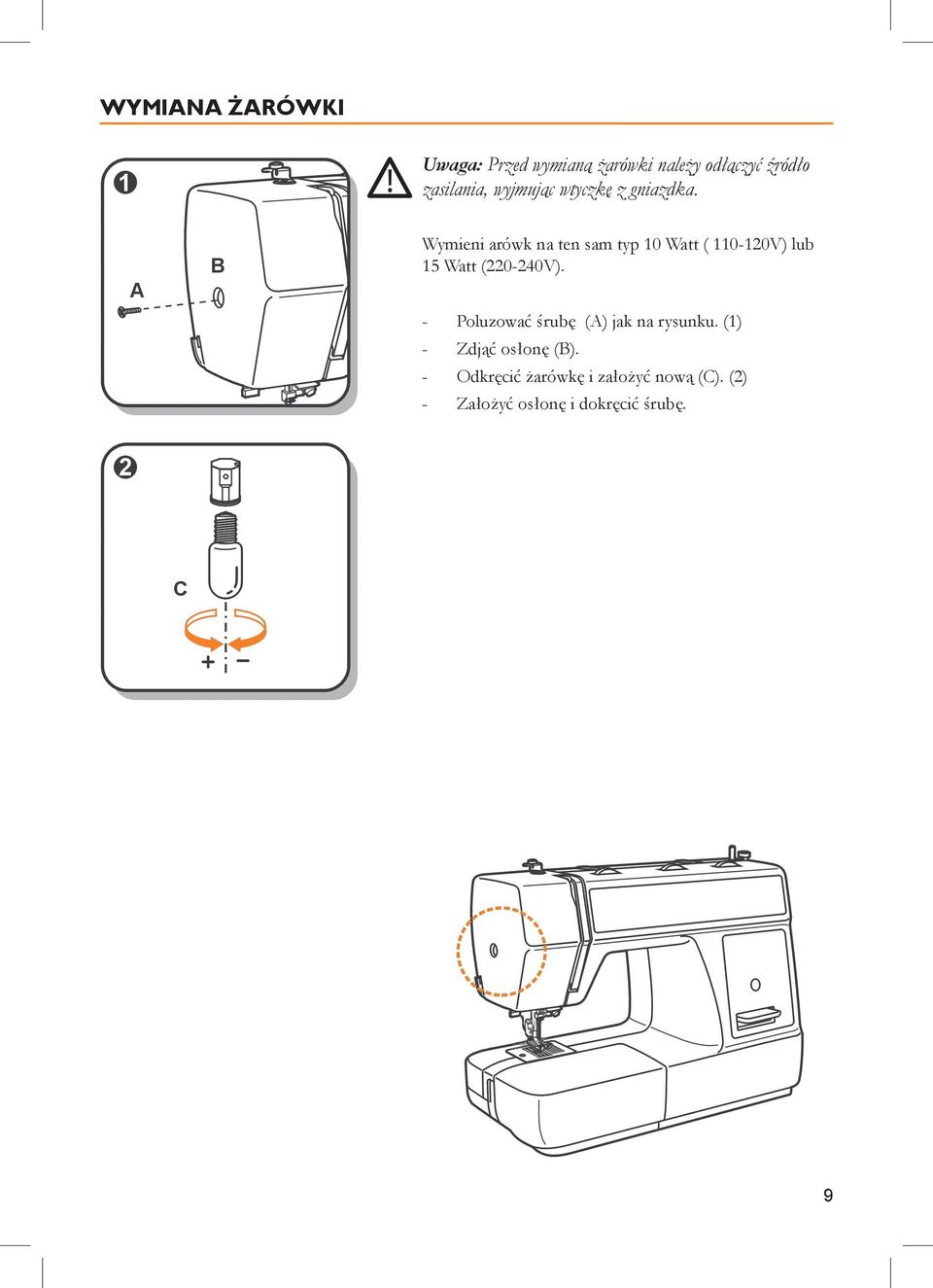 Wymieni arówk na ten sam typ 10 Watt ( 110-120V) lub 15 Watt (220-240V).