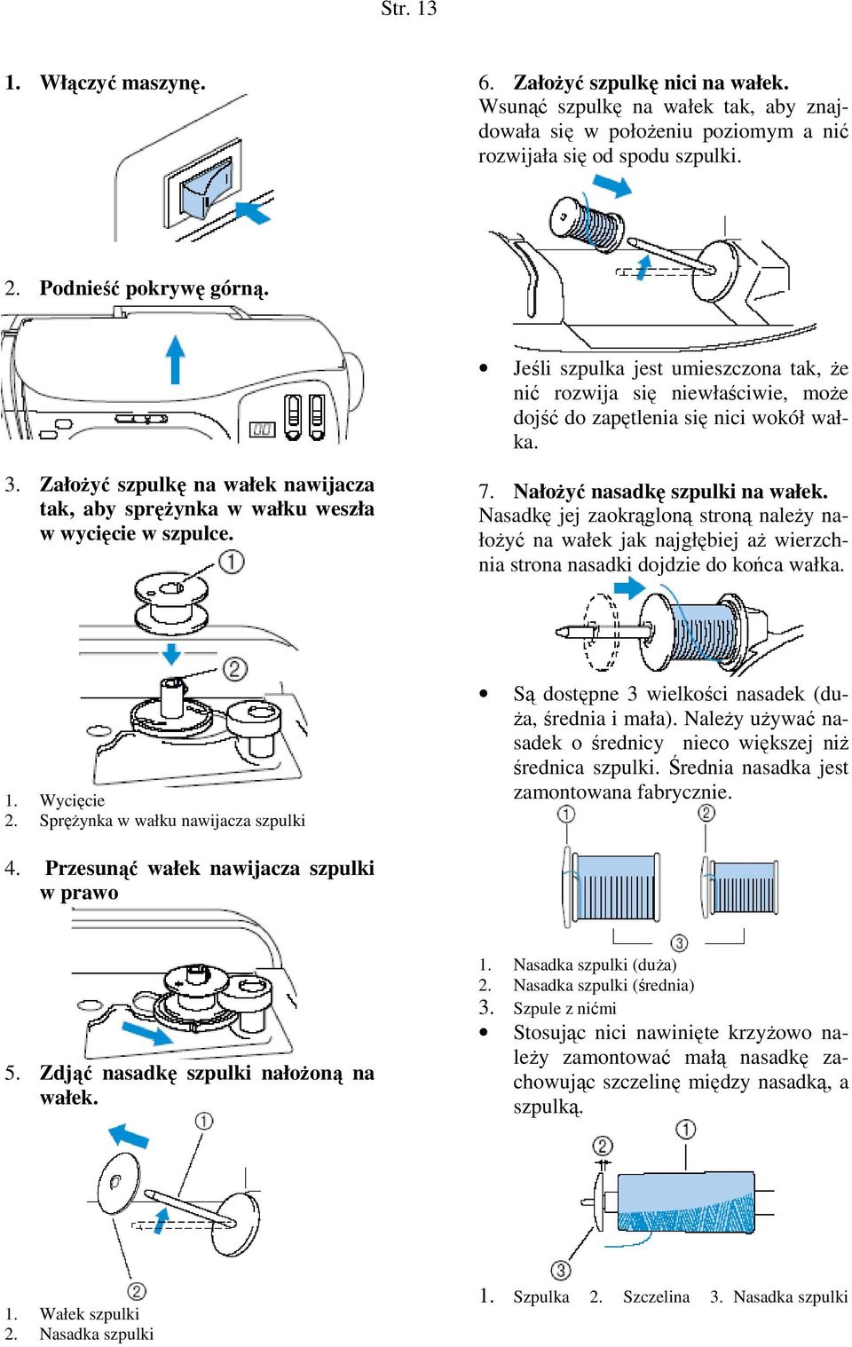 ZałoŜyć szpulkę na wałek nawijacza tak, aby spręŝynka w wałku weszła w wycięcie w szpulce. 7. NałoŜyć nasadkę szpulki na wałek.
