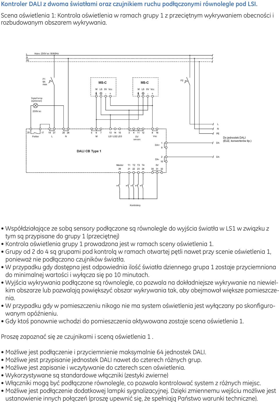 L PE Mains 230V ac 50/60Hz F1 6A max MS-C MS-C F2 M LS 0V Vcc M LS 0V Vcc - + - + Signal lamp (optional) 230V ac L 25 17 19 27 20 28 5 6 7 Fehler L M DALI CB Type 1 13 14 15 LS1 LS2 LS3 3 4 11 12 8