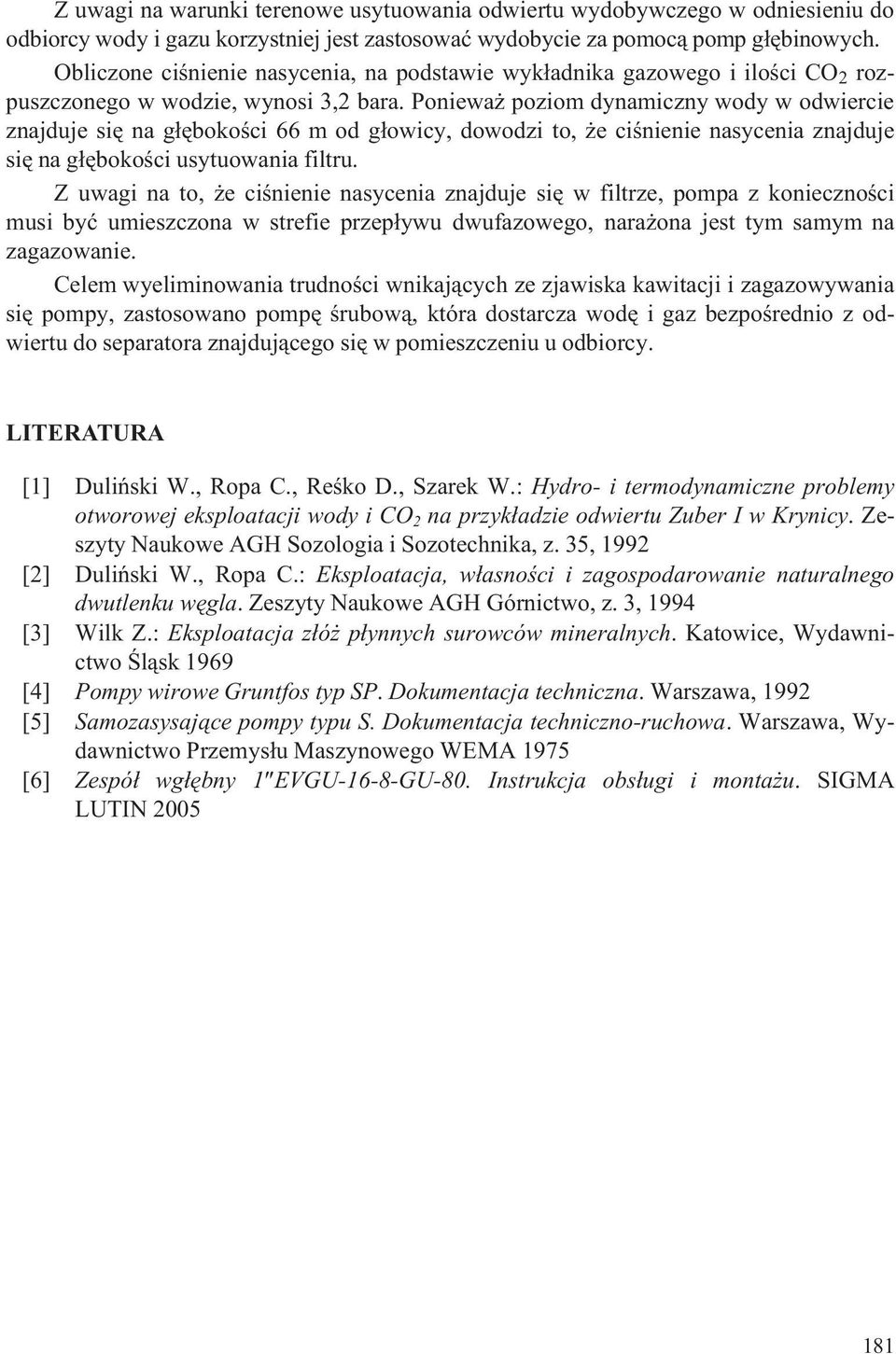 Poniewa poziom dynamiczny wody w odwiercie znajduje siê na g³êbokoœci 66 m od g³owicy, dowodzi to, e ciœnienie nasycenia znajduje siê na g³êbokoœci usytuowania filtru.