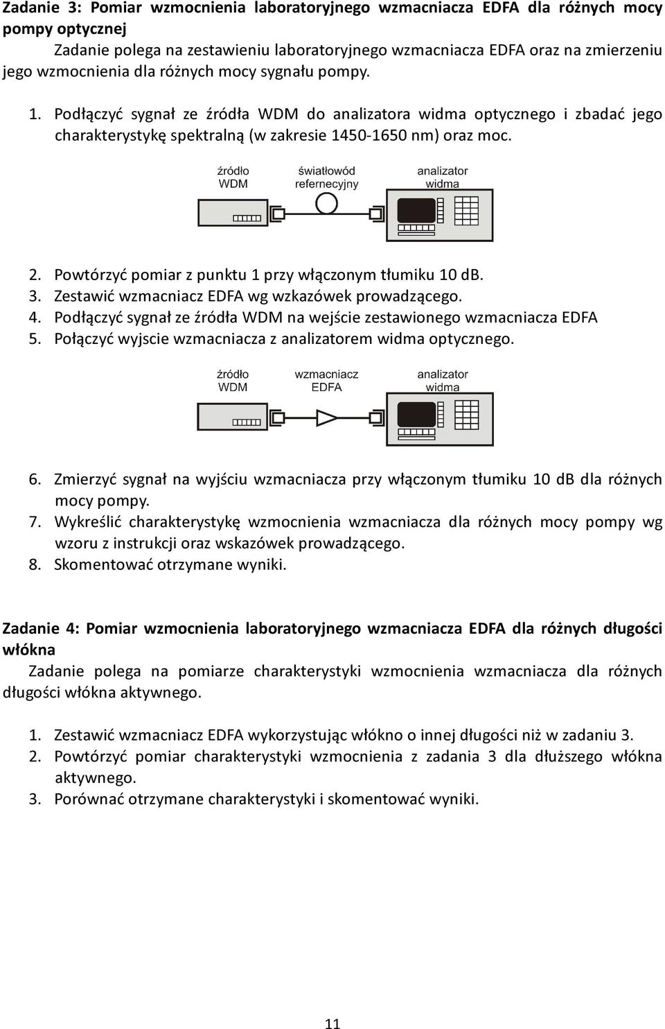 Powtórzyć pomiar z punktu 1 przy włączonym tłumiku 10 db. 3. Zestawić wzmacniacz EDFA wg wzkazówek prowadzącego. 4. Podłączyć sygnał ze źródła WDM na wejście zestawionego wzmacniacza EDFA 5.