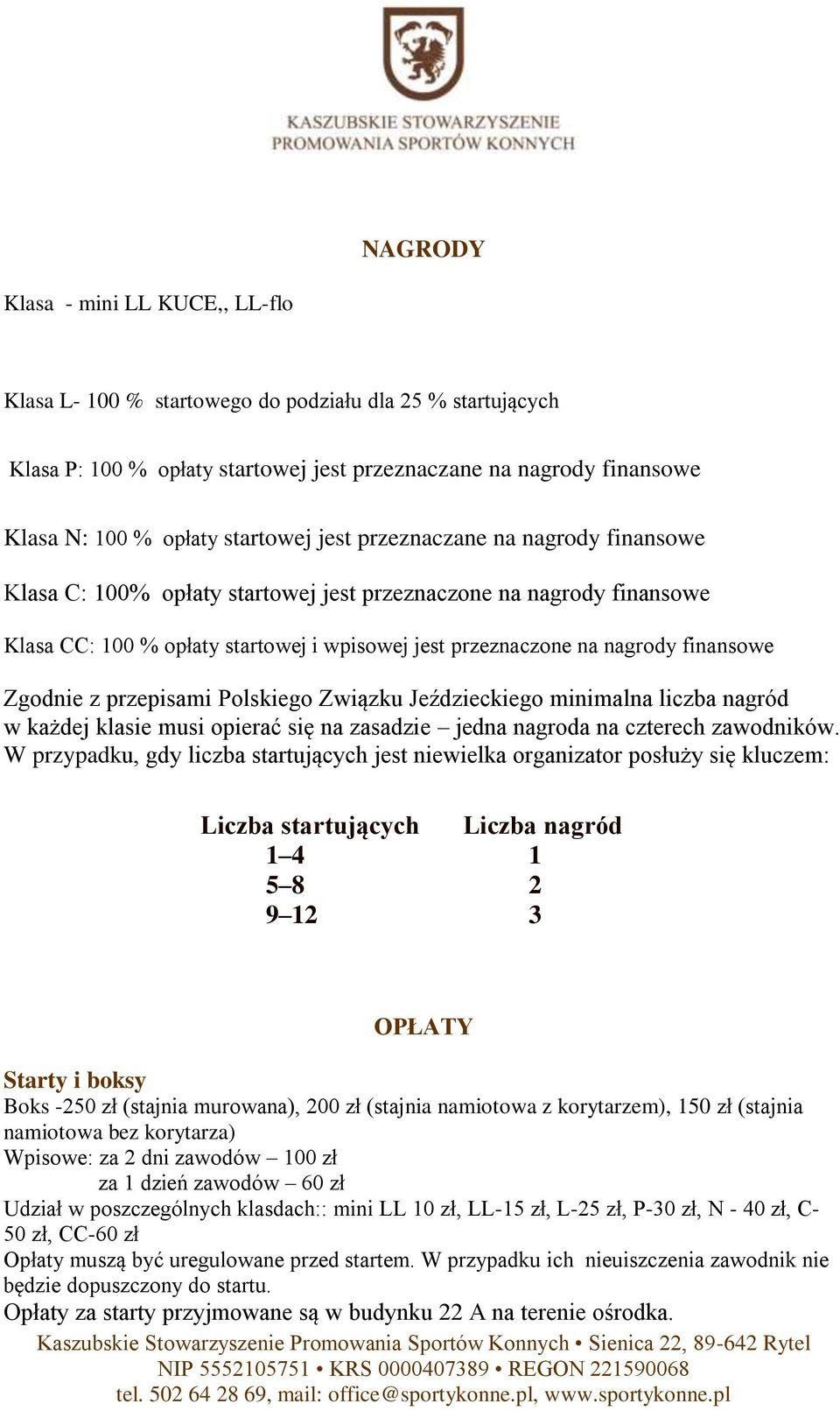 finansowe Zgodnie z przepisami Polskiego Związku Jeździeckiego minimalna liczba nagród w każdej klasie musi opierać się na zasadzie jedna nagroda na czterech zawodników.