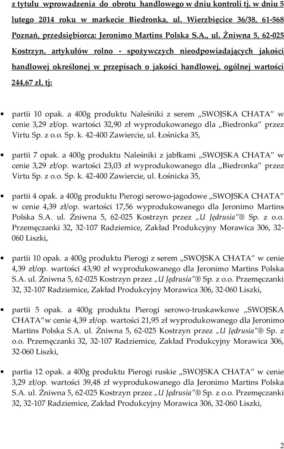 Żniwna 5, 62-025 Kostrzyn, artykułów rolno - spożywczych nieodpowiadających jakości handlowej określonej w przepisach o jakości handlowej, ogólnej wartości 244,67 zł, tj: partii 10 opak.