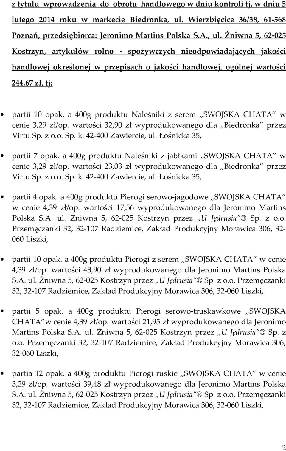 Żniwna 5, 62-025 Kostrzyn, artykułów rolno - spożywczych nieodpowiadających jakości handlowej określonej w przepisach o jakości handlowej, ogólnej wartości 244,67 zł, tj: partii 10 opak.