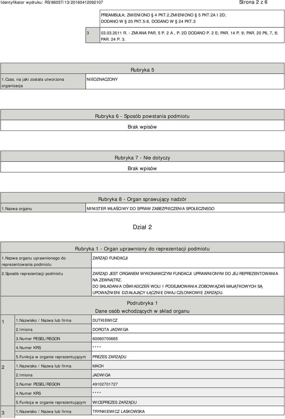 Nazwa organu MINISTER WŁAŚCIWY DO SPRAW ZABEZPIECZENIA SPOŁECZNEGO Dział 2 Rubryka 1 - Organ uprawniony do reprezentacji podmiotu 1.Nazwa organu uprawnionego do reprezentowania podmiotu 2.