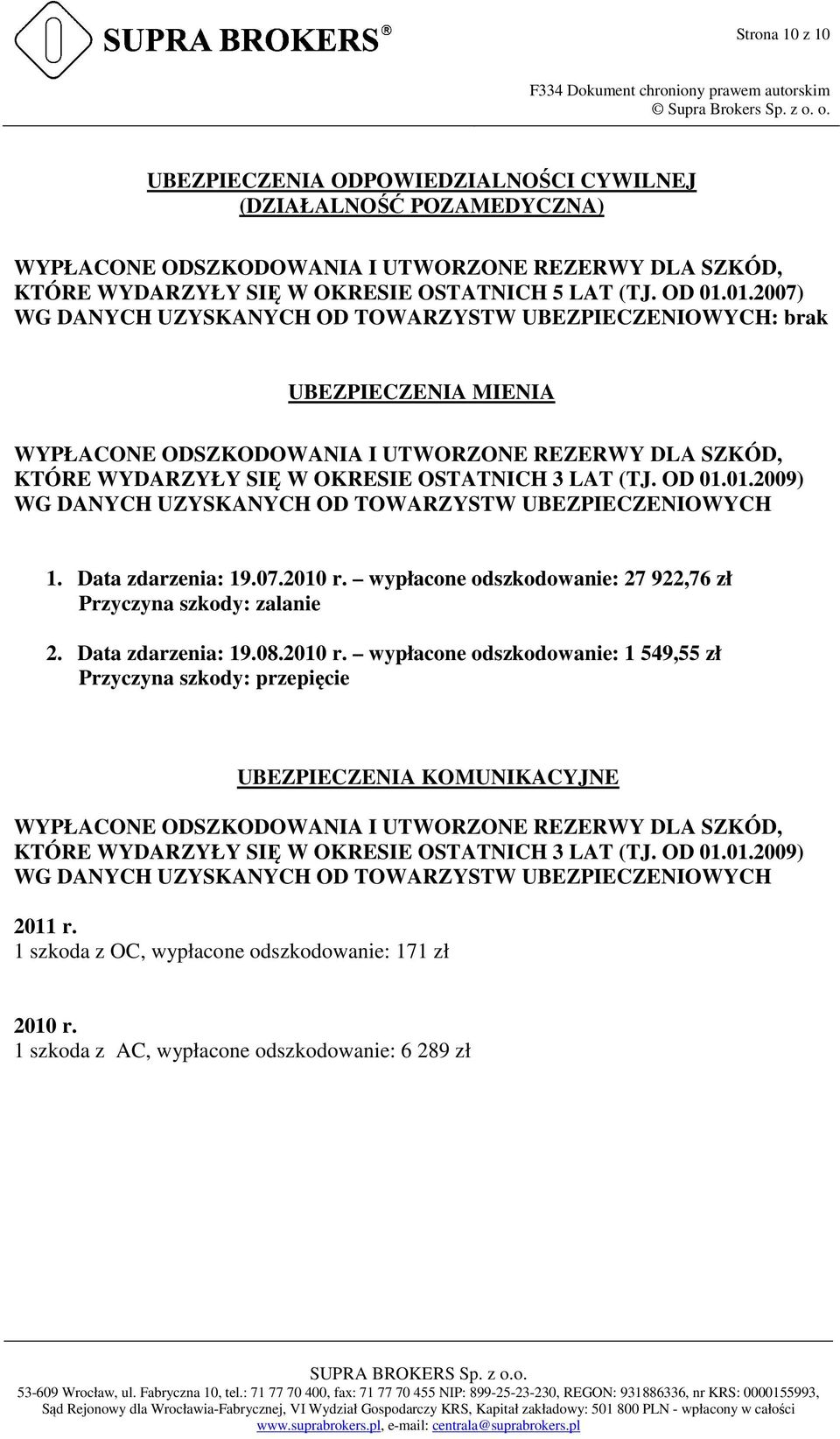 OD 01.01.2009) WG DANYCH UZYSKANYCH OD TOWARZYSTW UBEZPIECZENIOWYCH 1. Data zdarzenia: 19.07.2010 r.