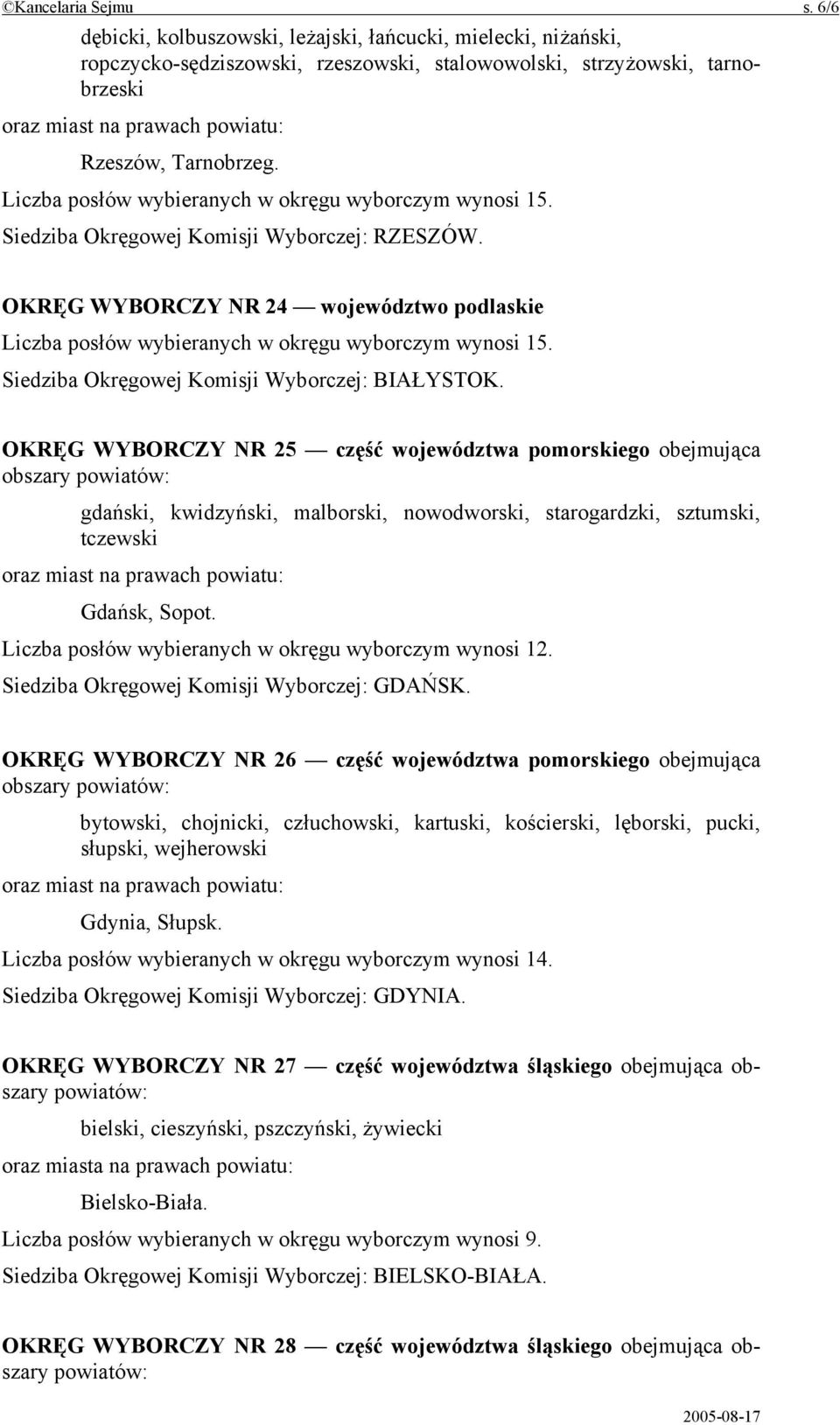 OKRĘG WYBORCZY NR 24 województwo podlaskie Liczba posłów wybieranych w okręgu wyborczym wynosi 15. Siedziba Okręgowej Komisji Wyborczej: BIAŁYSTOK.