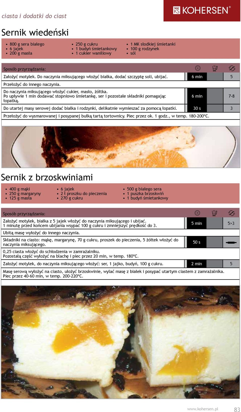 Po upływie 1 min dodawać stopniowo śmietankę, ser i pozostałe składniki pomagając łopatką. 6 min 7-8 Do utartej masy serowej dodać białka i rodzynki, delikatnie wymieszać za pomocą łopatki.