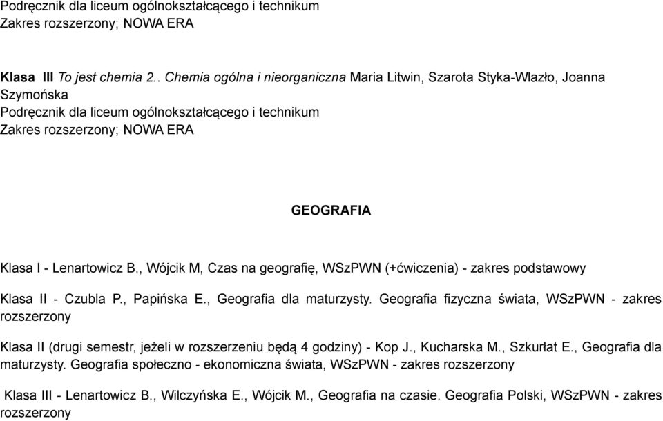 , Wójcik M, Czas na geografię, WSzPWN (+ćwiczenia) - zakres podstawowy Klasa II - Czubla P., Papińska E., Geografia dla maturzysty.