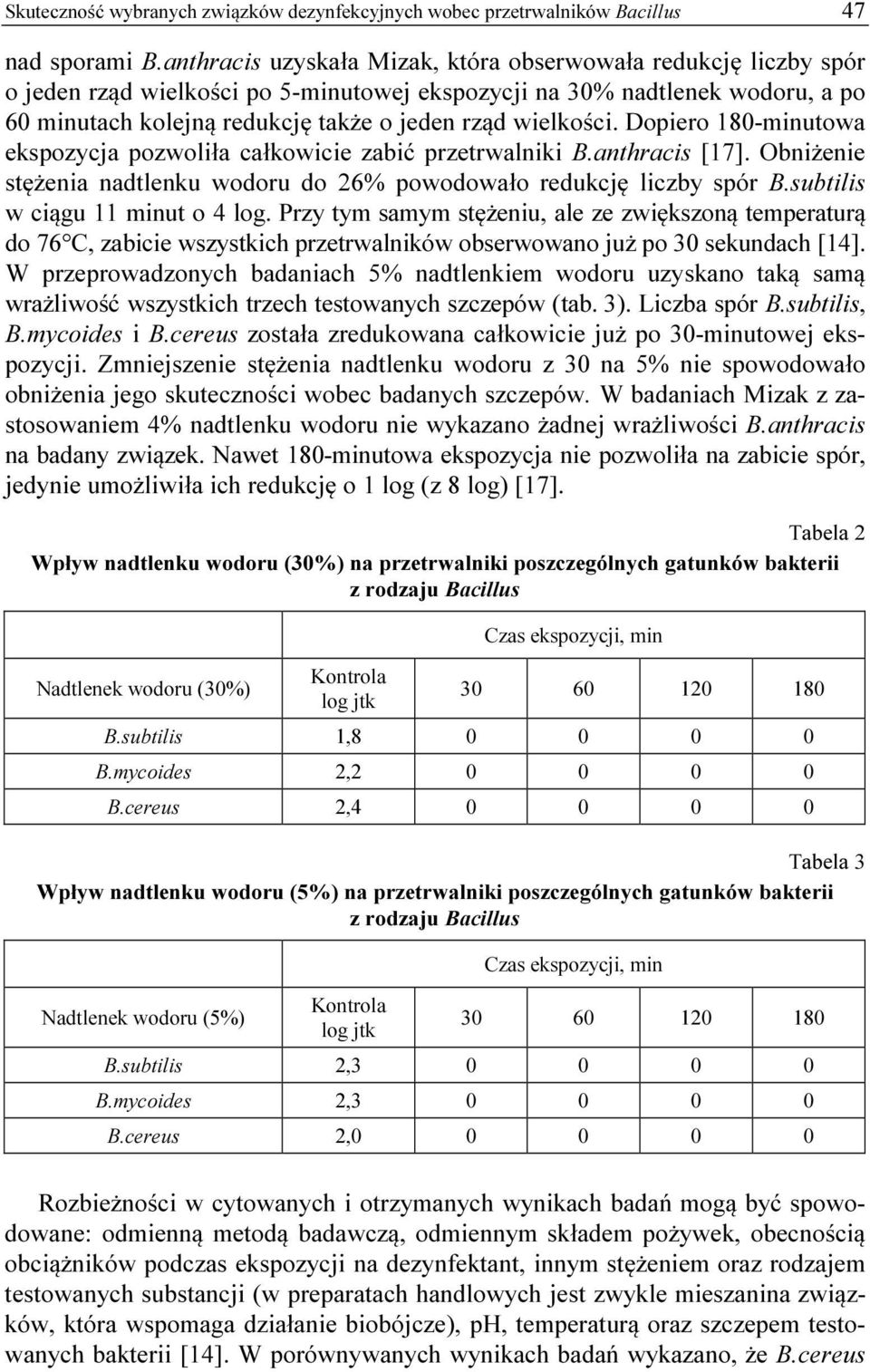 wielkości. Dopiero 180-minutowa ekspozycja pozwoliła całkowicie zabić przetrwalniki B.anthracis [17]. Obniżenie stężenia nadtlenku wodoru do 26% powodowało redukcję liczby spór B.