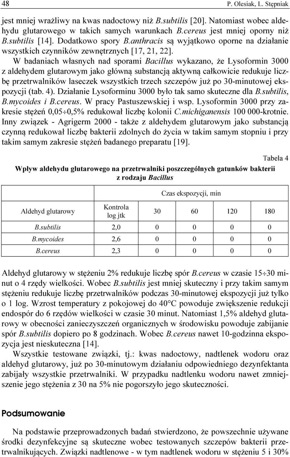 W badaniach własnych nad sporami Bacillus wykazano, że Lysoformin 3000 z aldehydem glutarowym jako główną substancją aktywną całkowicie redukuje liczbę przetrwalników laseczek wszystkich trzech