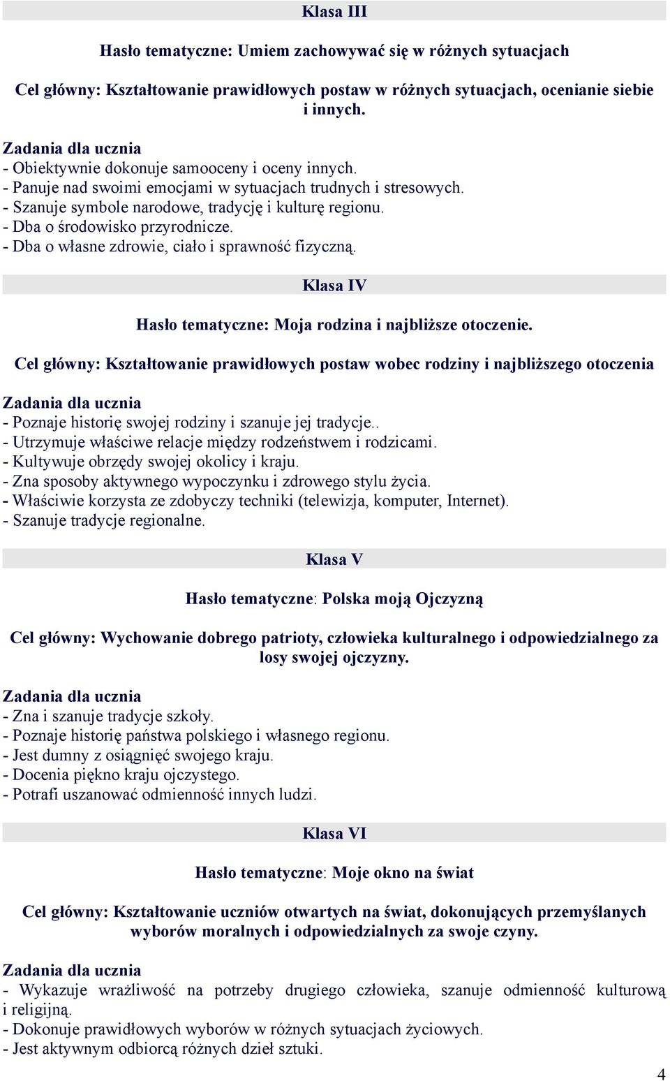 - Dba o środowisko przyrodnicze. - Dba o własne zdrowie, ciało i sprawność fizyczną. Klasa IV Hasło tematyczne: Moja rodzina i najbliższe otoczenie.