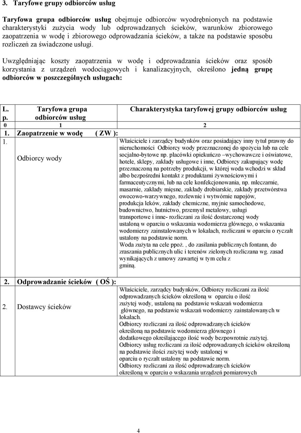 Uwzględniając koszty zaopatrzenia w wodę i odprowadzania ścieków oraz sposób korzystania z urządzeń wodociągowych i kanalizacyjnych, określono jedną grupę odbiorców w po